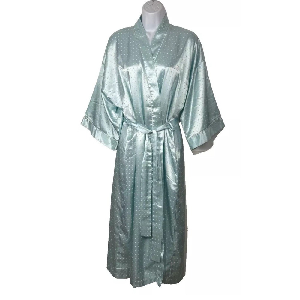 Vtg 90s Erika Taylor Intimates Satin Kimono Robe Medium Teal w/White Polk A-Dots